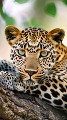 Obraz premium Intense gaze of a leopard resting on a tree, highlighting its piercing eyes and distinctive markings