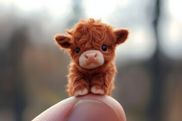 Charming Tiny Highland Calf with Fluffy Ginger Fur Balancing on a Finger. Hyper-Realistic Miniature Baby Cow.
