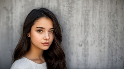 Fototapeta premium Pretty brunette young woman on the background of a concrete wall. Generative AI