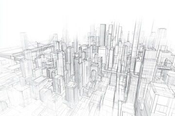 Fototapeta premium A wireframe representation of a futuristic cityscape, showcasing a dense arrangement of skyscrapers and bridges, emphasizing architectural design and urban planning