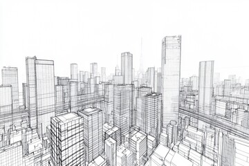 A wireframe model of a modern city skyline, showcasing tall skyscrapers and urban architecture in an abstract 3D representation