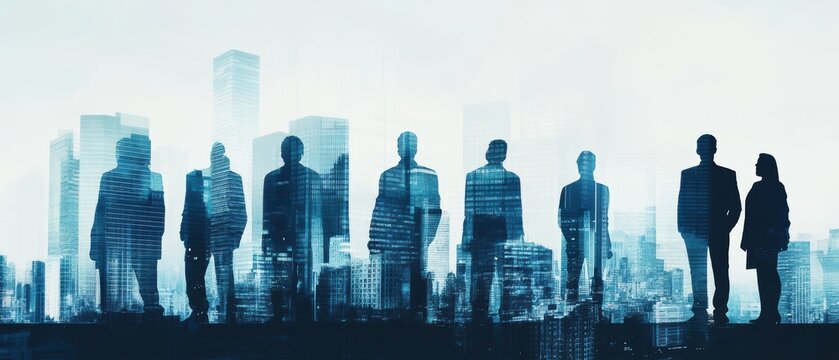 Double exposure of silhouetted figures stand against a backdrop of a city skyline, creating a striking juxtaposition of human presence and urban environment