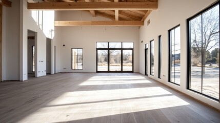 A well-lit, spacious modern room featuring large windows and wooden ceiling beams, allowing natural light to flood the interior, creating a bright and welcoming space.