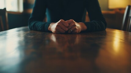 A person's hands are clasped together on a wooden table, suggesting a moment of contemplation or waiting in a warm, inviting environment
