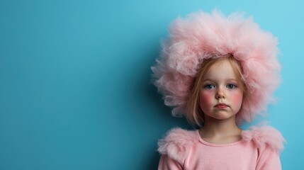 A young girl wearing a fluffy pink hat with a serious and sad expression stands against a blue background, evoking emotions of innocence and sombreness in a whimsical setting.