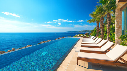 Fototapeta premium Luxurious infinity pool overlooking the ocean with palm trees in the bright sunlight on a clear day in a tropical paradise