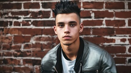 Fototapeta premium Young man on the background of a brick wall. Generative AI