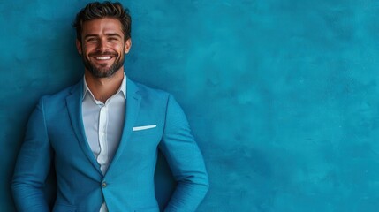 A portrait of a man in a blue suit, smiling confidently at the camera, standing against a vivid teal background, portraying a cheerful and trustworthy demeanor.