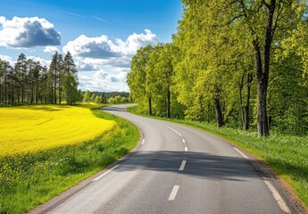 Fototapeta premium beautiful spring landscape in Sweden, yellow rapeseed fields on the side of an asphalt road