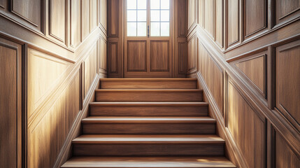 Warm wooden staircase leading to a door with natural light filtering in at a cozy home interior