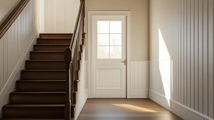 Fototapeta premium Bright entrance hallway with wooden staircase and door in a modern home, showcasing natural light in the early morning