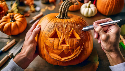 A close-up of hands skillfully carving an intricate design into a pumpkin, surrounded by various carving tools and a template. The scene highlights the artistry of pumpkin decoration for Halloween