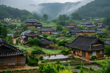 Fototapeta premium Serene Traditional Village Surrounded by Lush Green Mountains and Mist