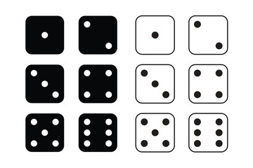 Game dice Icon with side of cube from one to six number. Set of black icon sided for gamble. Dot on cube of casino