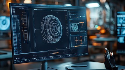 A computer screen displays an engineering design. The image portrays the concept of technical innovation and product development.