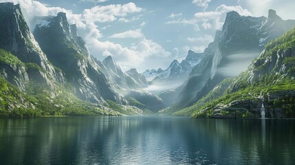 Majestic Fjord Landscape with Towering Mountains and Turquoise Lake