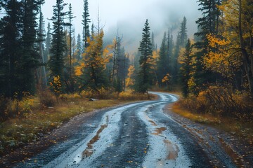 Serene Autumn Road Through Misty Forest