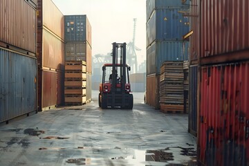 Forklift Navigating Through Shipping Containers in a Busy Port