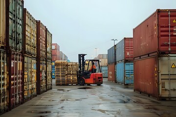 Forklift Maneuvering Through a Container Yard on a Rainy Day