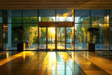 Serene Lobby with Golden Sunlight Streaming Through Glass Doors