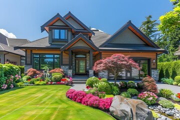 Stunning Modern Home Surrounded by Lush Landscaping and Vibrant Flowers