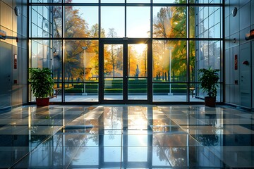 Serene Lobby with Glass Walls and Autumn View