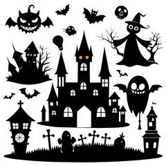 Big set of silhouettes of Halloween on a white background. Vector illustration.
