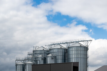 Steel grain silo against a dramatic, cloudy sky. Modern agriculture buildings photographed in the day .