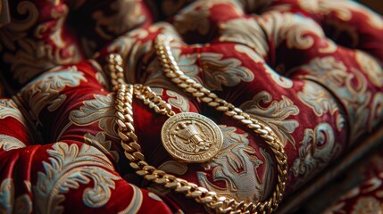 gold chain with a medallion lies on a red velvet pillow