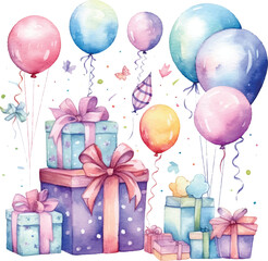 Watercolor Party Illustration with Balloons and Gift Boxes, Whimsical Celebration Art