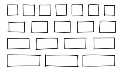 Free outline hand drawn vector squares, rectangles different sizes. Scribble rectangular frames set. Freehand square borders. Text highlight underline. 