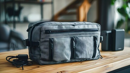 Stylish Gray Tech Bag on a Wooden Table in a Modern Living Space