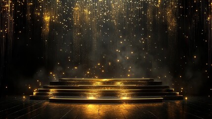 Golden glitter falls on a stage. Perfect for showcasing products or awards.