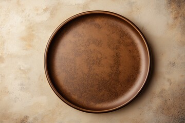 A brown plate with a pattern on it sits on a table. The plate is empty and the table is made of wood