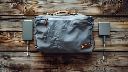Stylish Gray Bag with Power Banks on Rustic Wooden Surface