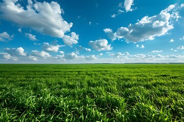 Obraz premium Lush Green Field Under a Bright Blue Sky with Fluffy Clouds