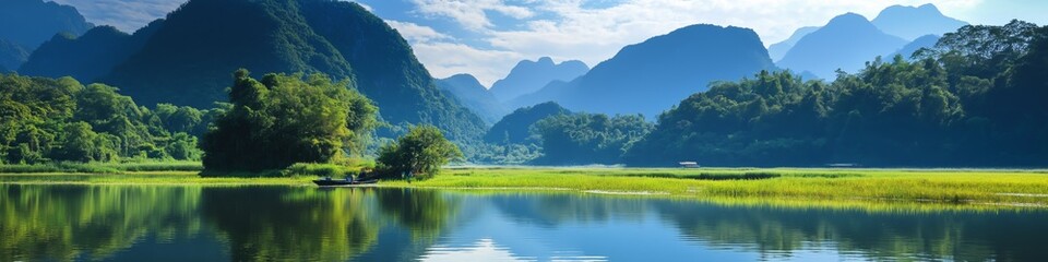 Obraz premium A beautiful mountain landscape with a lake in the foreground. The lake is surrounded by lush green trees and mountains in the background. The scene is peaceful and serene
