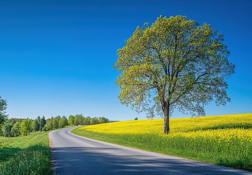 beautiful spring landscape in Sweden, yellow rapeseed fields on the side of an asphalt road