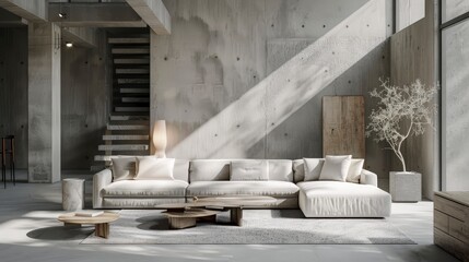 Modern living room with minimalist design, featuring a large sofa and natural light.