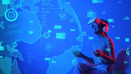 Siting on sofa woman wearing VR selecting analyzed metaverse financial business graph dynamic report innovation upload global interface digital infographic network technology visual. Hallucination.