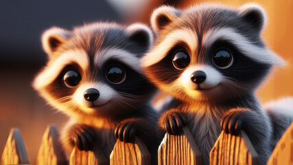Obraz premium Two cute raccoons standing behind a wooden fence.