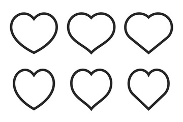 Linear black heart outline shapes icon set with editable stroke.  Design elements for Valentine's Day, love, or romance. Flatline heart frames collection, herz Sammlung. Vector illustration