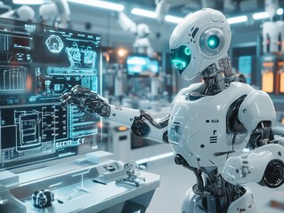 Fototapeta premium Futuristic Robot Assembling Itself inHigh-Tech Environment Animation Image