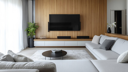 Modern living room with natural light and minimalist design featuring a large TV, comfortable seating, and stylish decor