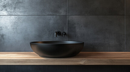 Modern black sink set against a textured dark wall with sleek wooden countertop in a contemporary bathroom setting