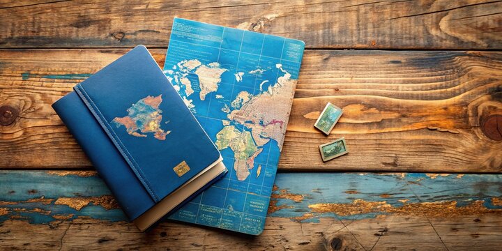Vibrant blue passport lies open on a rustic wooden table, surrounded by scattered maps, tickets, and souvenirs, evoking a sense of adventure and wanderlust.
