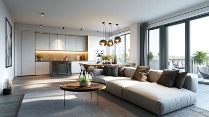 Modern contemporary living room with open kitchen design and large windows showcasing natural light in a stylish urban apartment