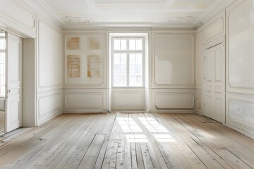Bright and Spacious Empty Room with Wooden Floors and Natural Light
