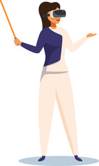 Teacher is wearing a vr headset and holding a pointer, presenting a virtual reality lesson