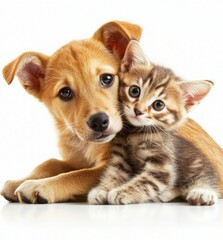 Obraz premium A cute puppy and kitten, isolated on a white background